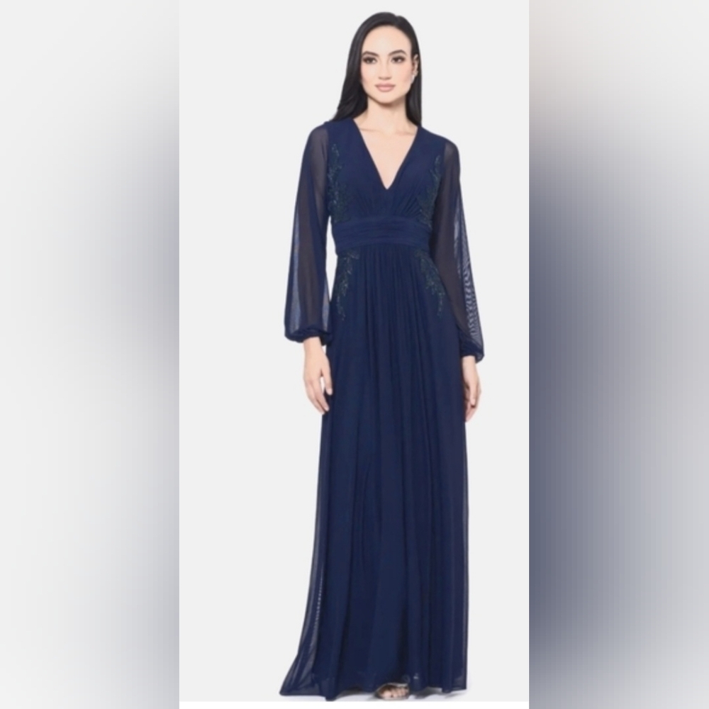 Betsy & Adam Embellished Navy  Evening Gown W/Sheer Long Sleeves Sze 14 NWT